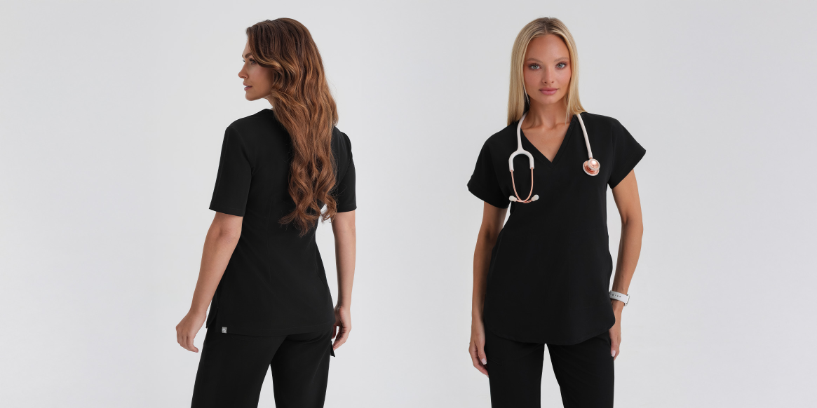 Bluza medyczna damska czarna: Nowoczesne trendy w uniformach i odzieży medycznej z praktycznymi kieszeniami i dekoltem